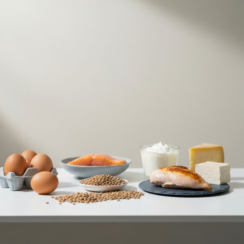 Natural protein sources including eggs, salmon, lentils, yogurt, and legumes