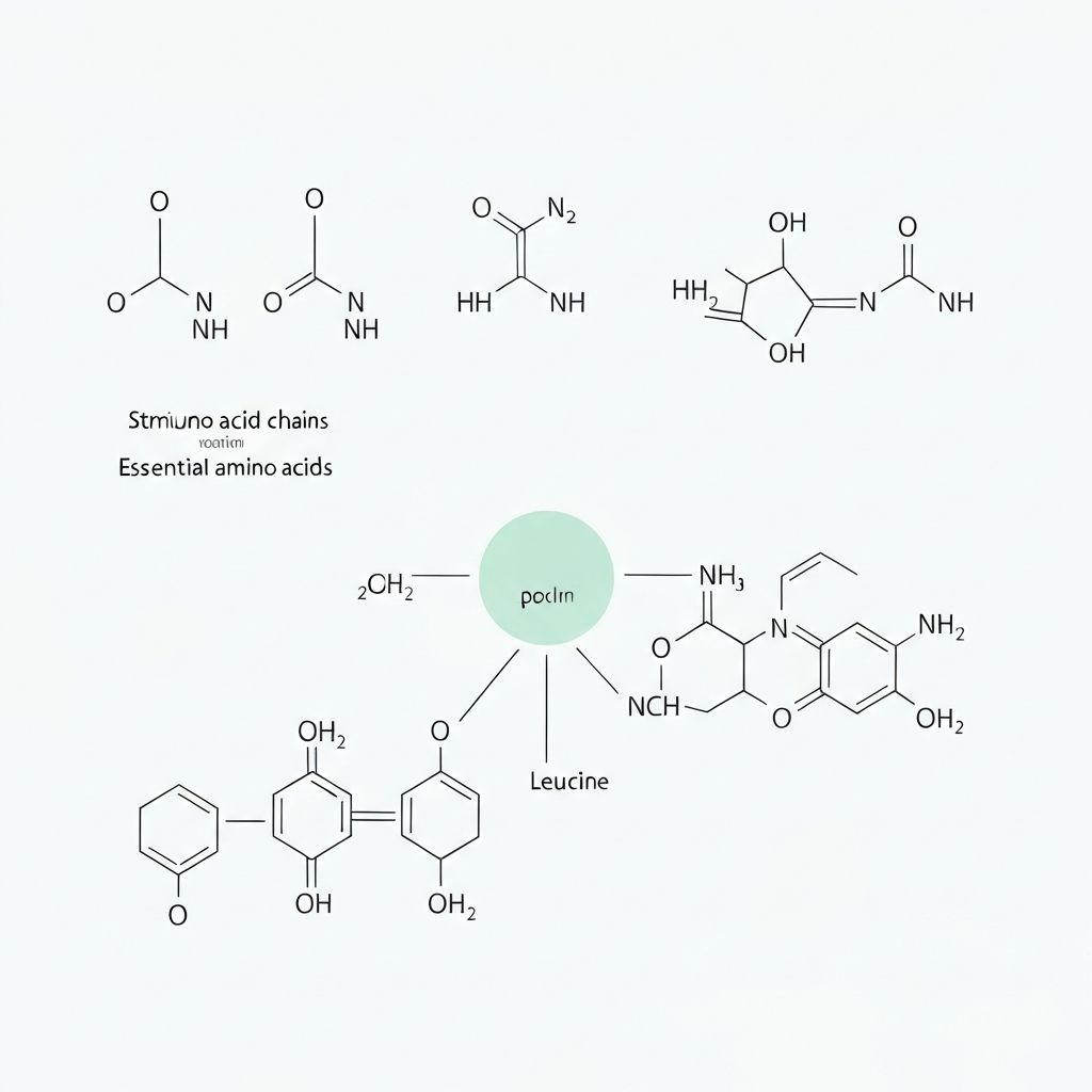 Biochemical diagram showing amino acid chains and leucine in protein synthesis pathway